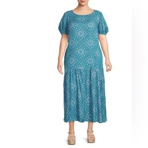 NWT Terra & Sky Blue Floral Vine Print Tiered Maxi Dress Plus Size 2X (20W-22W)